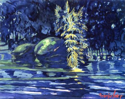 《Boulders on a Riverbank_河岸上的巨石》乔治·本杰明·卢克斯，1919年 | 纸上水彩画 | 38.1 x 48.26 cm | 私人收藏