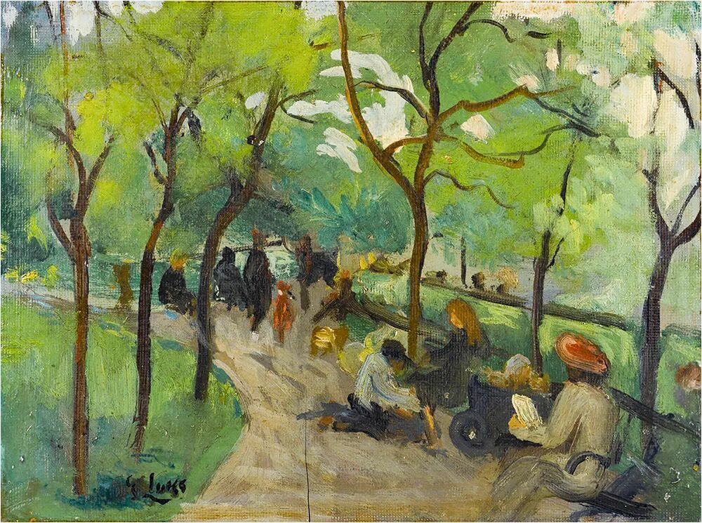 《Prospect Park》乔治·本杰明·卢克斯，约1902-1910年 | 面板油画 | 28.5 x 21.5 cm