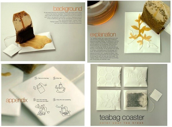 Teabag Coasters茶包，在茶包的外包装袋上附加一层吸水性较强的材质且剪裁出独特的图案，刚刚泡过的茶包放置其上，有颜色的茶水就会顺着图案填充出图案，整个过程充满生长的动感，仿佛着墨作画，赏心悦目。待水分被吸走，再一起扔掉，就避免了茶水滴洒的尴尬。<br /><a class='shortlnk' href='/s/13eb60d0a' target='_blank' title='http://photo.renren.com/photo/252551904/photo-3690291197#3690251373'>http://duitang.com/s/13eb60d0a</a>