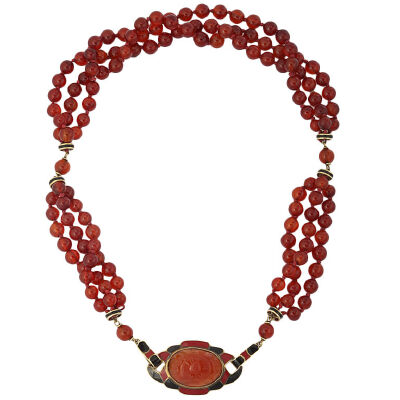 Original Art Deco Necklace Enameled 14KT Gold and Carnelian - Gallery 47 1920年代美国设计的复古项链<a class='shortlnk' href='/s/1674242e2' target='_blank' title='http://jewelry.1stdibs.com/jewelry_i…