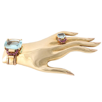 Large 1940's Hand Brooch 14KT Aqua Ruby Ring and Bracelet - Gallery 47 1940年代美国设计的复古戒指 <a class='shortlnk' href='/s/01791cee8' target='_blank' title='http://jewelry.1stdibs.com/jewelry…