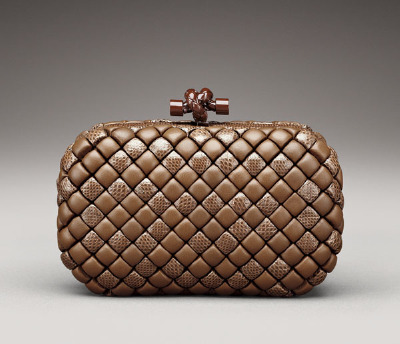 咖啡色Bottega Veneta 手拿包，经典造型不必多言，看似编织的纹路其实是一粒粒皮革包裹的小方格组成的。只要你足够优雅、大气，并且气场十足，拿着它就对了！