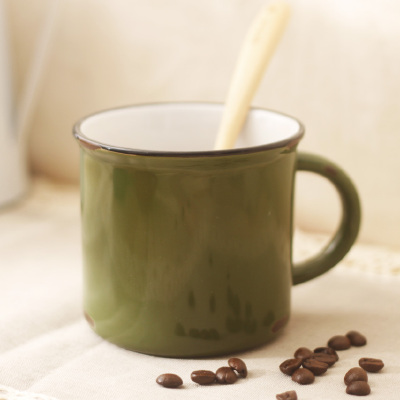 军绿色仿搪瓷做旧陶瓷杯 复古风