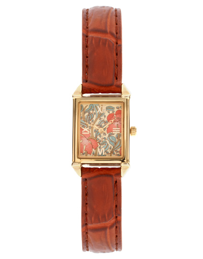 金色花朵皮革帶窄版石英手錶