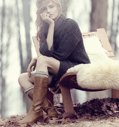 Boots,knit socks,sweater.