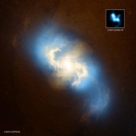 在NGC 3393星系内，两个黑洞相互对抗并吞噬对方。8月，美国宇航局钱德拉X射线望远镜项目的科学家公布了这幅合成图片，展现螺旋星系NGC 3393。在这个星系中部，两个相隔仅490光年的超大质量黑洞上演同类相残的“宇宙惨剧”。天文学家认为NGC 3393一定吞噬了另一个质量较小的星系，后者的中部同样存在一个黑洞。这两个黑洞将一直对抗下去，直至一方消灭另一方。