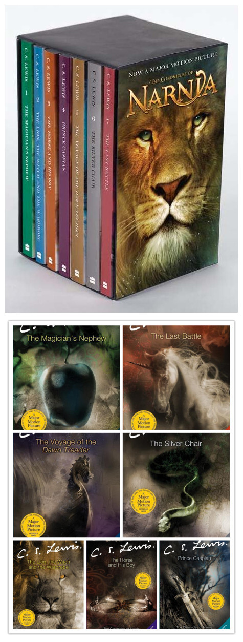 《纳尼亚传奇》（The Chronicles of Narnia）是一套七册的奇幻儿童文学，分别为《魔法师的外甥》《狮王、女巫和魔衣柜》《能言马与男孩》《凯斯宾王子》《黎明踏浪者号》《银椅》《最后一战》。由英国作家C·S·路易斯在50年代所著，为英美儿童文学经典之一。此为英文版封面。书中的"纳尼亚王国”是一个神秘奇幻的世界，在这些故事中，小主人公们或凭借一枚魔法戒指，或通过一扇衣柜大门等各种奇妙方法进入奇幻世界纳尼亚王国。他们通过英勇的冒险，与魔鬼妖婆斗勇来拯救纳尼亚的人们。每一本书互有关连，但亦可独立阅读。这部作品在半个世纪里，销售达到65005册，至今已被翻译成30多种外国文字。