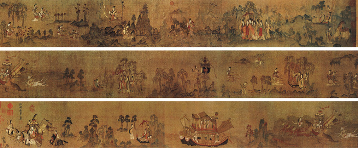 《洛神赋图》，北京故宫博物院馆藏珍品。绢本，设色，纵27.1cm，横572.8cm。原《洛神赋图》卷，东晋著名画家顾恺之绘制(宋摹)， 这幅画根据曹植著名的《洛神赋》而作，为顾恺之传世精品。这卷宋摹本在一定程度上保留了顾恺之艺术的若干特点，千载之下，亦可遥窥其笔墨神情。全卷分为三个部分，曲折细致而又层次分明地描绘着曹植与洛神真挚纯洁的爱情故事。人物安排疏密得宜，在不同的时空中自然地交替、重叠、交换，而在山川景物描绘上，无不展现一种空间美。 全画用笔细劲古朴，恰如“春蚕吐丝”。山川树石画法幼稚古朴，所谓“人大于山，水不容泛”，体现了早期山水画的特点。