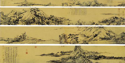  元·黄公望 《富春山居图》，纵33厘米，横636.9厘米，纸本，水墨。始画于至正七年(1347)，于至正十年完成。该画于清代顺治年间曾 遭火焚，断为两段，前半卷被另行装裱，重新定名为《剩山图》，现藏浙江省博物…