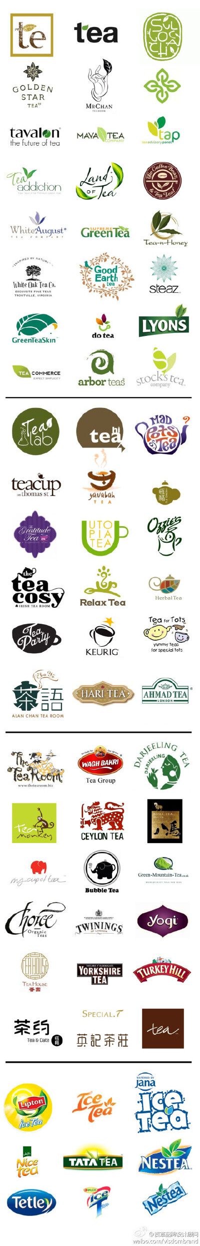 贤草品牌顾问整理的关于茶叶、茶企、茶饮料的品牌logo整理。三大设计方向：茶叶、茶具与图形字体等。