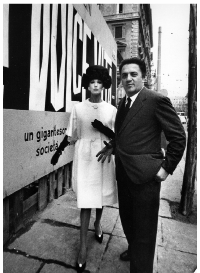 Simone (wearing Simonetta) with director Federico Fellini, photo by William Klein, Rome, 1960