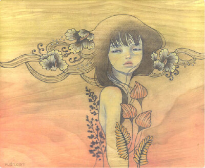 【控首饰】Audrey Kawasaki 是一位在洛杉矶长大的日本艺术家， 她从日本漫画中获得灵感， 在木板上直接用油彩中描绘富于日本气质的年轻女孩， 她们性感， 美丽， 优雅和忧伤。 在潮湿温热的 气息中被花朵和群鸟围绕…