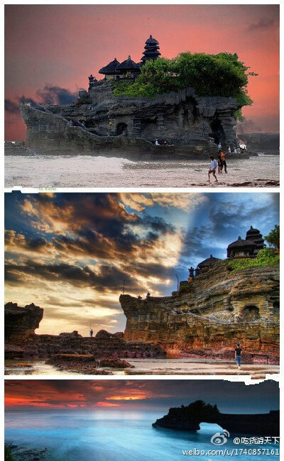 【海神庙（Tanah Lot）】巴厘岛最重要的海边庙宇之一，始建于16世纪。该庙坐落在海边一块巨大的岩石上，每逢潮涨之时，岩石被海水包围，整座寺庙与陆地隔绝，孤零零地矗立在海水中；只在落潮时才与陆地相连。