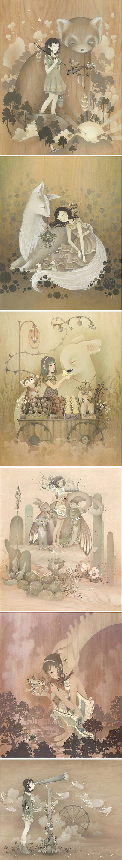  韩裔美国艺术家Amy Sol，自学成才，擅长运用丙烯在木板上作画，融合了漫画、民间艺术等形式，作品温暖清新，意味深长。