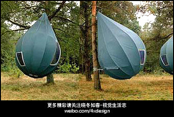 荷兰雕塑家设计师 DréWapenaar设计的帐篷。最初是为了给那些住在树上的激进分子提供方便，后来成为野营爱好者、孩子以及所有打算在树上美美地睡上一觉的人的绝佳选择。每个“水滴”都固定在树干上，一家四口睡在里面…