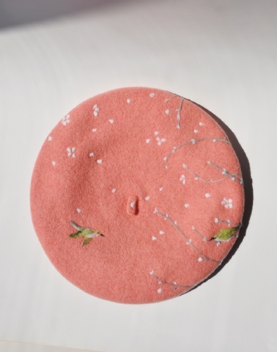 重工桜&鸟手工刺绣贝雷帽
