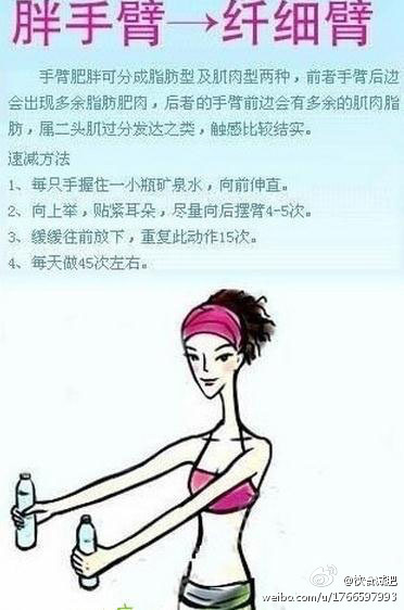 胖手臂变纤细臂运动法：①每只手握住一小瓶矿泉水，向前伸直；②向上举，贴紧耳朵，尽量向后摆臂4-5次；③缓缓往前放下，重复此动作15次；④每天做45次左右。