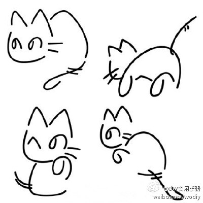 用日语中的假名（へ、の、も、じ）画成的4只萌猫。「へのへのもへじ猫」。作者：にぅま