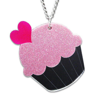 XL Glitter Pink Cupcake Mirror Long Necklace