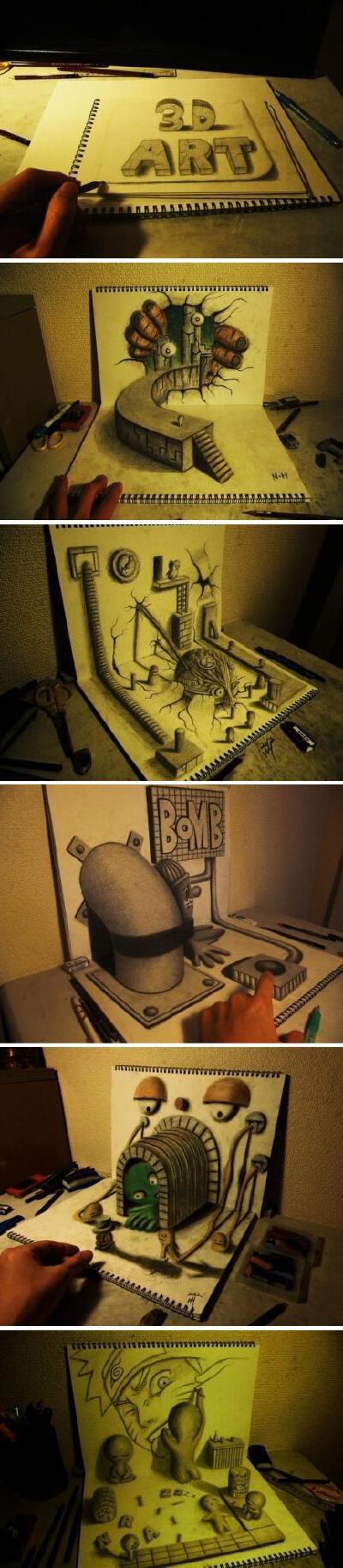 素描本上的3D涂鸦，来自日本90后插画师 NAGAI HIDEYUKI（永井秀行）。作品站点>http://t.cn/zWLQFCR
