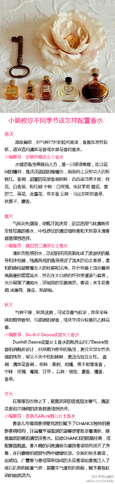 【教你不同季节该怎样配置香水】香水是女人吸引他人最初的味道。女士香水在调制之初就像已经预约好了适合使用它的女人，也选定了它适合的场合和季节