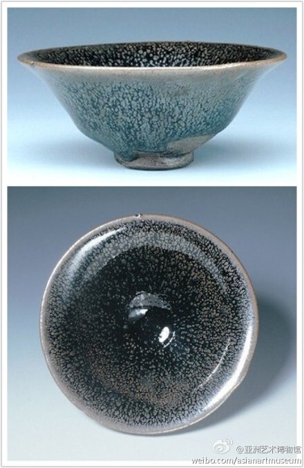 宋朝初期的斗茶之风传入日本并代代相传至今日，建窑精品被日本茶道大师们视为茶道具瑰宝而珍藏。其中最珍稀的是静嘉堂的曜变天目碗，另一类被奉为至宝的建盏则是釉面有如暗夜繁星满布的天空之“油滴天目". 此类天目碗世界不超过十件留存，本馆有幸典藏此＂铭：银星＂之宋代油滴天目斗笠盏。