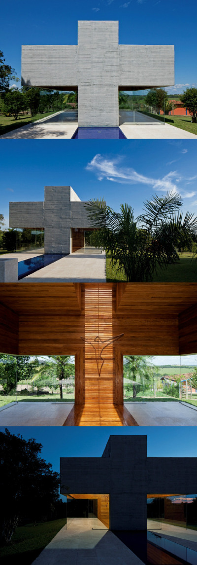 这座名为“诸圣教堂（All Saints Chapel）”的小教堂位于巴西，教堂前、后立面分别为一个水泥十字架，从而整个教堂构成一个立体的十字架。但和普通的十字架不同的是这两个十字架的宽度长于高度，是一个扁平的十字架…