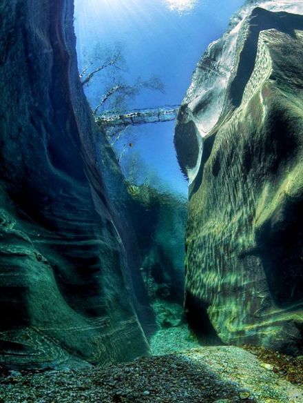 位于瑞士一条名为「Verzasca River」的河流，从15米的水下仰望天空。丨摄影：Claudio Gazzaroli （900x1195）