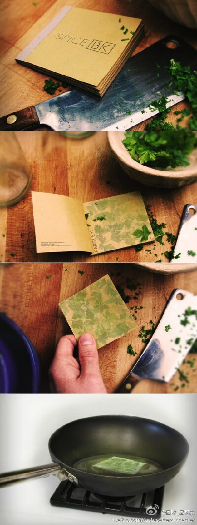 这本创意十足的香料书(Spice Taste-Leaf Book)由Nick Bampton为日本著名百货品牌MUJI设计，使用可以食用的材料，制作成一页页的香料纸。依照书上印的香料名称，便可以轻松找到所需之调味料，每一页香料皆印有横竖格…