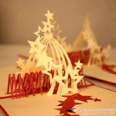 结合折纸艺术（kirigami）和剪纸艺术的（origami）的立体创意贺卡，全手工，做得好精致~