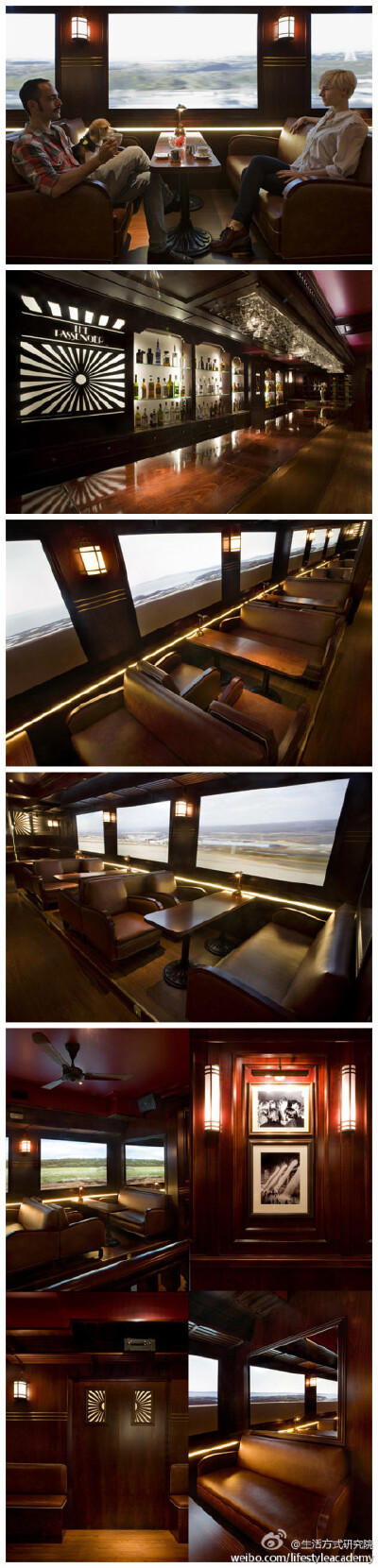 火车餐厅：The Passenger（乘客），设计by西班牙艺术家Franger。这家餐厅位于马德里，可容纳150人就餐，整个餐厅被布置成了老式火车车厢的样子。特别之处是宽大的“窗户”其实是平板显示器，它会不断地播放流动的画…
