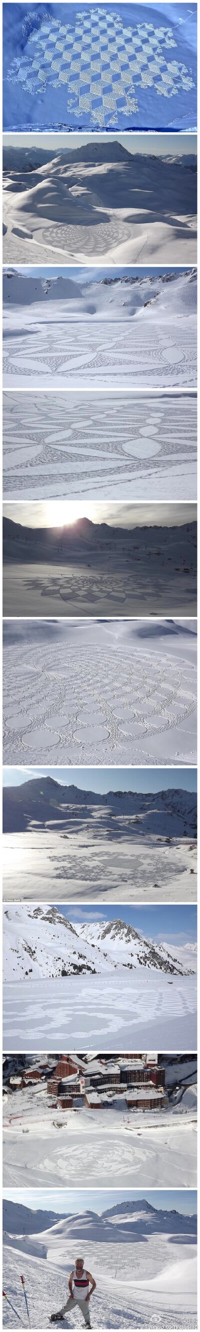 雪地里的足迹，这些雪地“怪圈”是Simon Beck花一整天的时间走出来的图案，穿上雪地鞋每天花费5到9个小时的时间在湖面上行走，创作出这些惊人的雪地足迹。