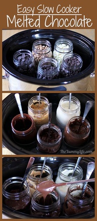 Slow Cooker Melted Chocolate--"A foolproof, easy way to melt chocolate for drizzling, dipping, and candy making. It stays at a perfect melted consistency for hours."