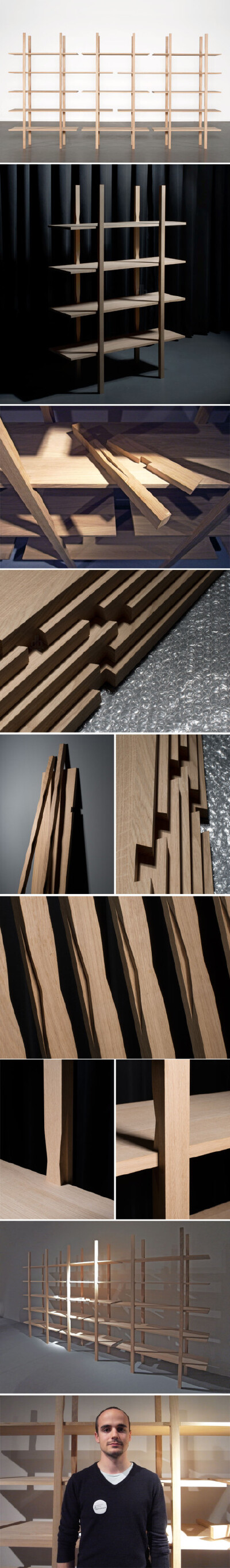 瑞士设计师最近在科隆家具展上展出的一件作品“étagère en bois”置物架系统令我眼前一亮，只用最简单的组件通过设计巧妙的燕尾榫来连接，可以组合成各种规格的架子。