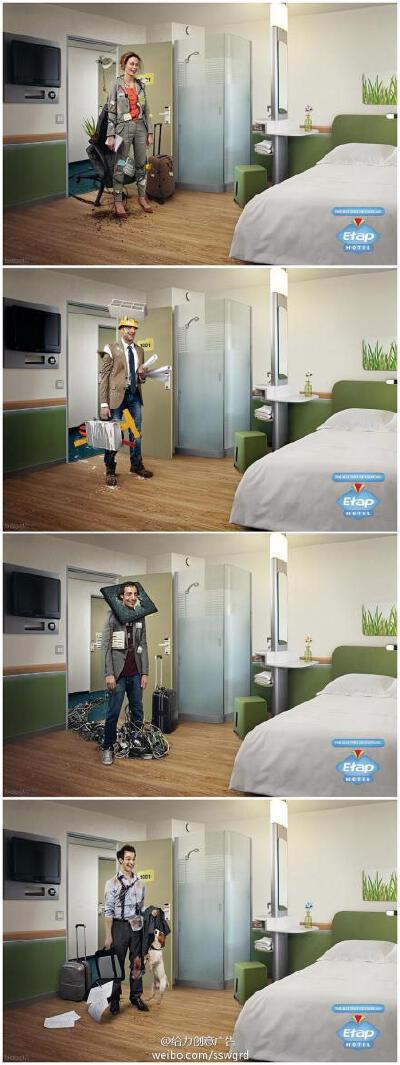 酒店创意广告：哪怕你经历了多么糟糕的一天，当你打开房门，也能让你的笑容瞬间绽放。晚安~~