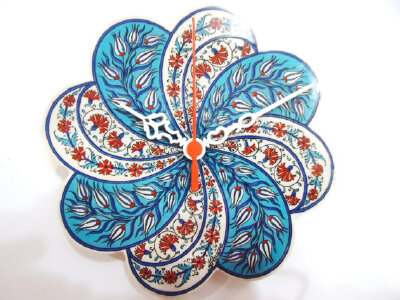 Wall Clock Turkish Ceramic Tile with Anatolian pattern and flower 2013 trends, for valentine's day