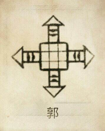 郭姓图腾，一是“郭”象四方的城楼的整体形状，以此为图腾标志。居住在东城的称东郭，居住在西城的称西郭，居住在南城的称南郭，居住在北城的称北郭。二是“郭”，今以为城郭字。按“郭”，篆文左边作两“亭”（省文）上下相对，左边为“邑”（阝）。甲古文原作上下左右四“亭”（省文）相对，中间为囗，象内城。故郭本义似为围墙上之望亭，或会“自内城向外扩展，即外城”之意。“虢”与“郭”音相似