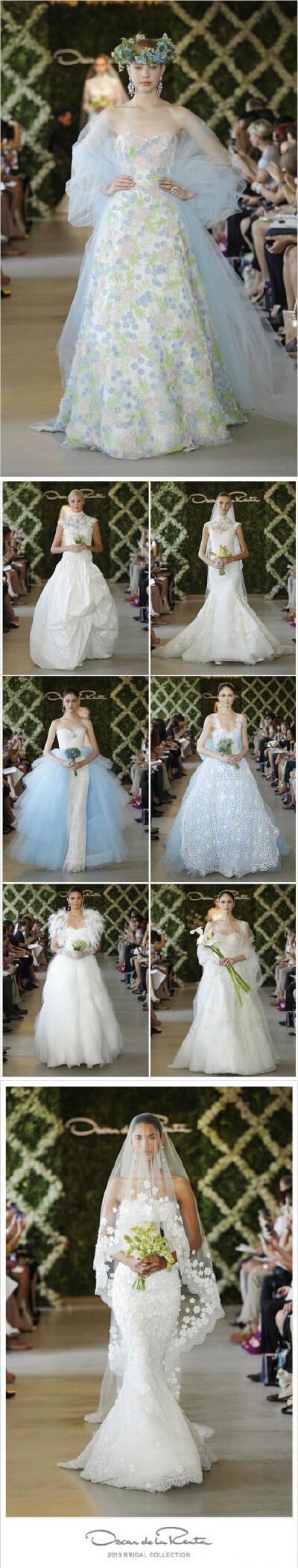 #Oscar de la lenta# 2013系列婚纱，延续品牌浪漫柔美的风格，精致的手工，纯净的蓝白色系气质优雅浪漫