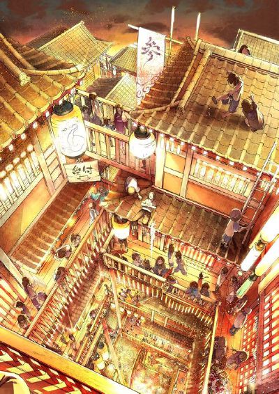 【场景插画】灯火繁荣，人声鼎沸。