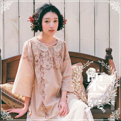 DEAR栗森女系民族风棉麻刺绣小清新钩花长款上衣森系绣花衣