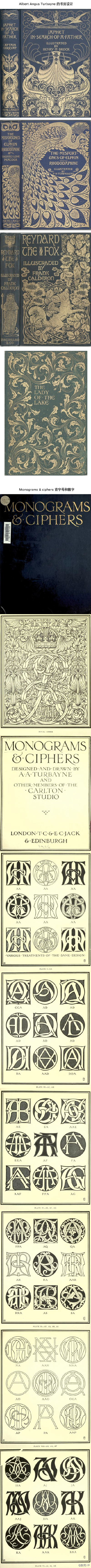 介绍本1906年的首字母设计手册《Monograms & ciphers》。该书使用构思很有特点。作者美国人 Albert Angus Turbayne (1866-1940) 书籍设计师。美国新艺术代表作品里常有他的孔雀海报，但他却是十足的洋插队，曾效力于…