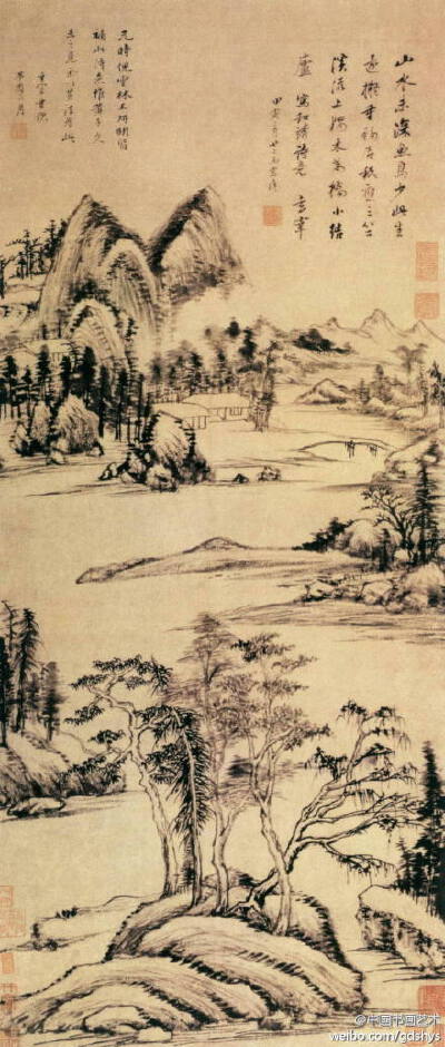 【 明 董其昌《林和靖诗意图》】又名《三竺溪流图》，是董其昌根据北宋诗人林和靖的诗意而创作，诗为“山水未深鱼鸟少，此生还拟重移居。只应三竺溪流上，独木为桥小结庐。”作品构图以深远兼平远法，画面设色以浅绛…