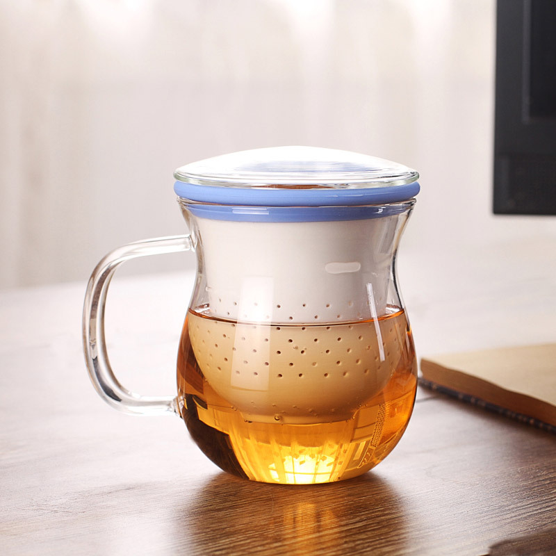 小北家蝴蝶杯三件式纯白陶瓷过滤内胆玻璃杯身茶杯带硅胶圈