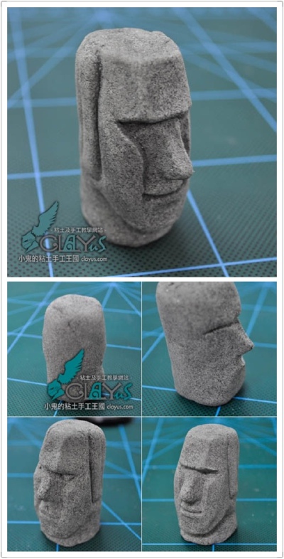 小鬼的粘土手工课-復活島石頭DIY，製作這個手工，其實只是需要把粘土製作一個圓柱體，用手指輕輕捏形，首先是找出鼻子，眼睛位置，再用上工具，慢慢修好，把石頭上的特徵壓出來。最後，用黑色水彩輕輕加上陰影，用砂…