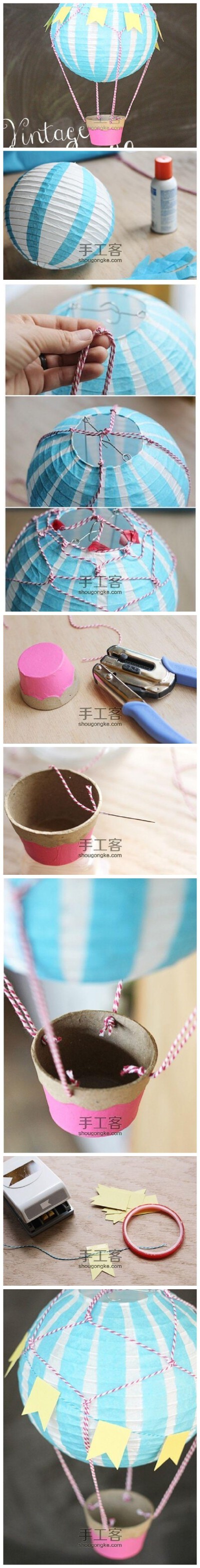diy热气球纸灯笼主要材料：纸灯笼麻线小蛋糕盒彩纸 diy热气球纸灯笼所需工具：打孔器缝纫针 1在白色灯笼上贴上蓝色竖条纹，这样才有热气球的样子 2剪四段麻线，套在纸灯笼上交叉绑结 3找一个小蛋糕盒，贴上彩纸 4在…