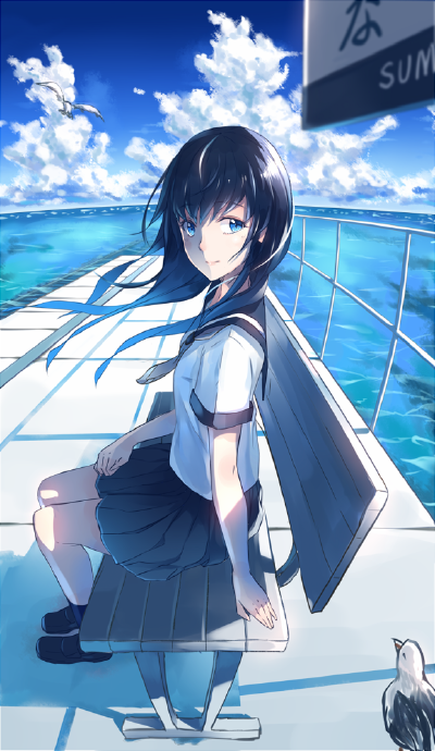 暑中見舞い （暑假问候） p站 二次元 插画 少女 海 车站