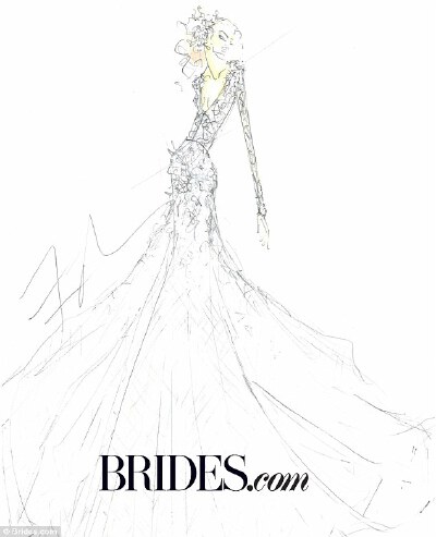 Jim Hjelm who designed a graduated trumpet skirt and embellished bodice, added sophisticated sleek long sleeves. He did however add one show-stopping detail: a deep V-neck