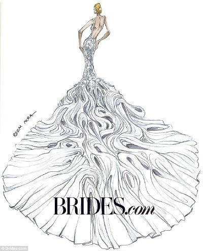 Red carpet favorite Reem Acra designed a magnificent wedding gown with an open back and elaborate train