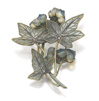 Designed as stylised white bryony, the leaves decorated with plique-à-jour enamel, circular-, single-cut and rose diamonds, the berries in glass, signed Lalique, later brooch fitting.