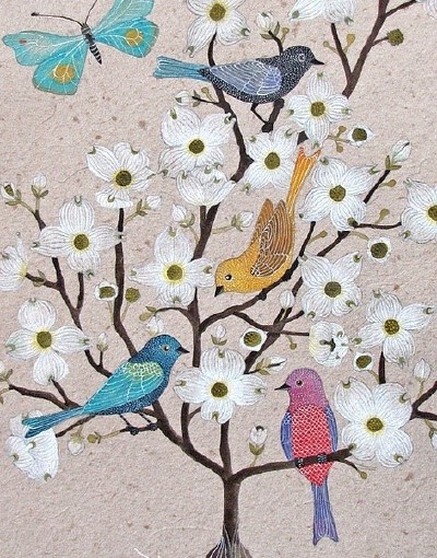 墨西哥插画家Geninne D Zlatkis，除了画画，她制作木雕，刺绣，作品内容大多是各种各样的小鸟。 Geninne D Zlatkis的工作室及创作过程和作品
